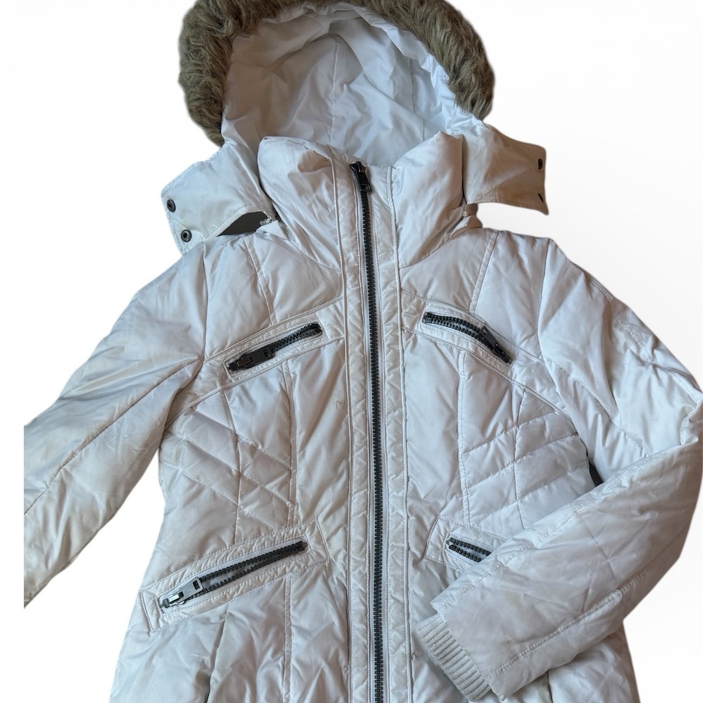White Quilted Jacket with Faux Fur Hood